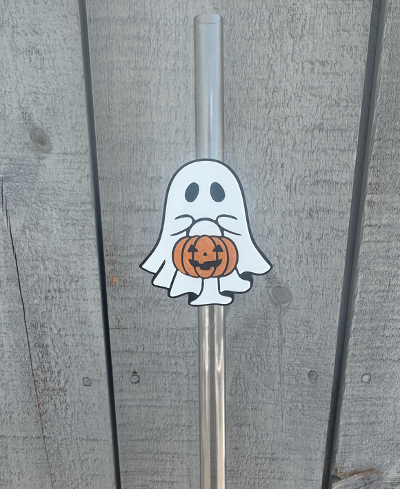 Ghost holding a pumpkin Straw Topper